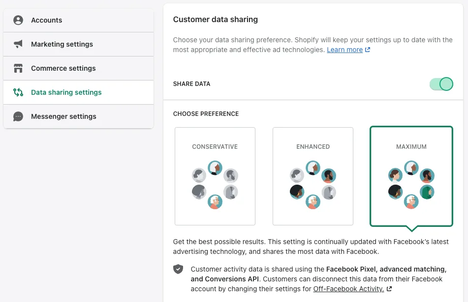 Shopify Facebook App - Customer Data Sharing Setting