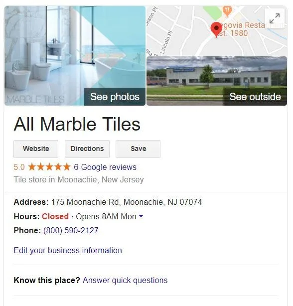 Örnek işletme: All Marble Tiles Google Aramalarda İşletme Sonucu