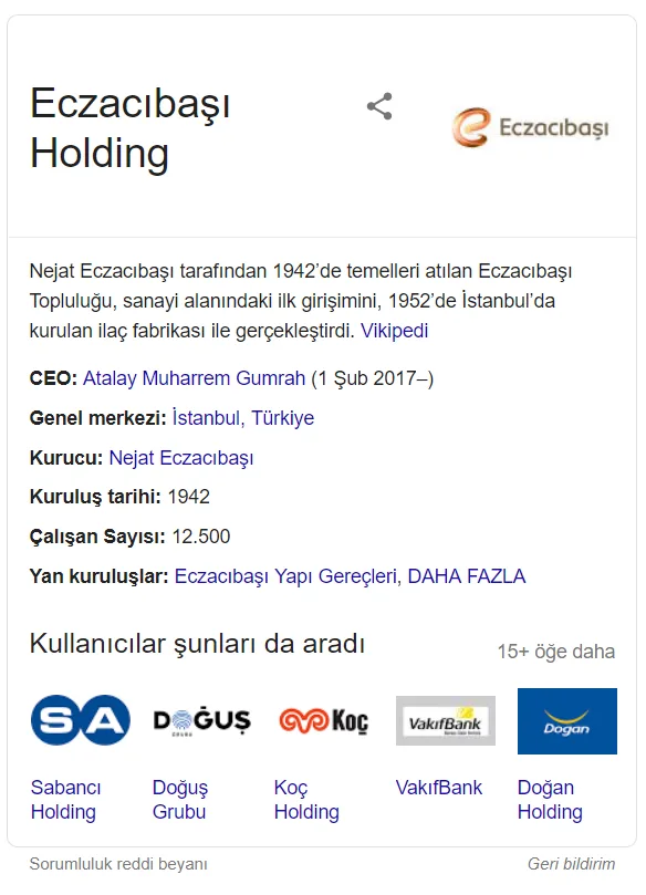 Bilgi Kartı Rich Snippet " Eczacıbaşı " Örneği Bilgi Kartı Rich Snippet " Eczacıbaşı " Örneği